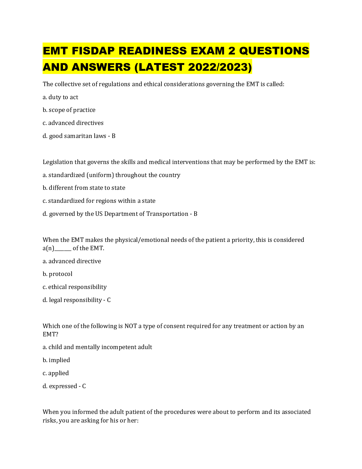 Preview image for EMT FISDAP READINESS EXAM 2 QUESTIONS AND ANSWERS (LATEST 2022/2023)